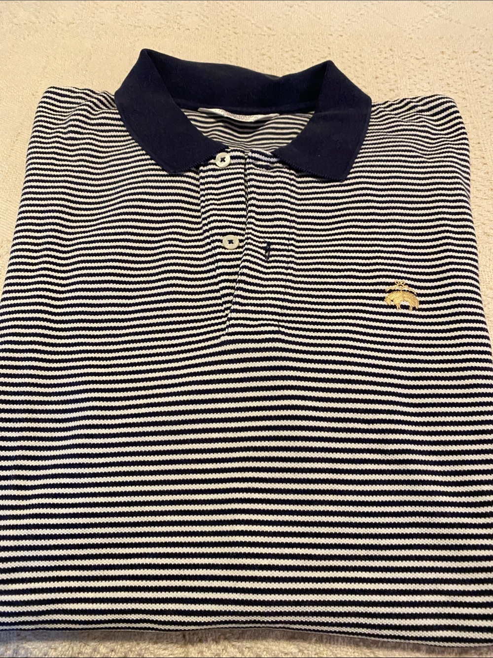 Brooks Brothers Navy & White Striped Polo with Gold Emblem